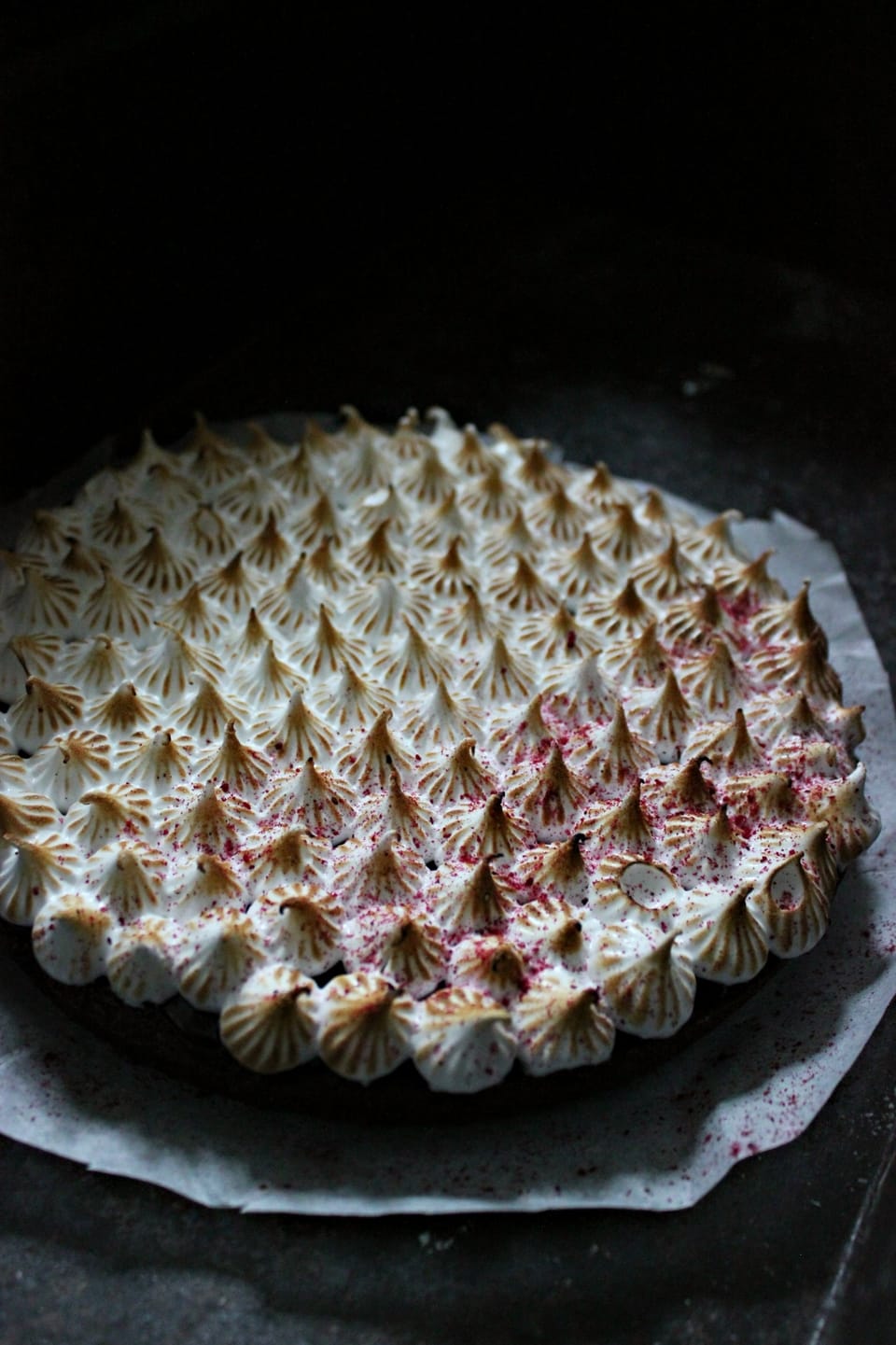 BROWNIE WITH BLACKCURRANT GANACHE AND BURNT MERINGUES