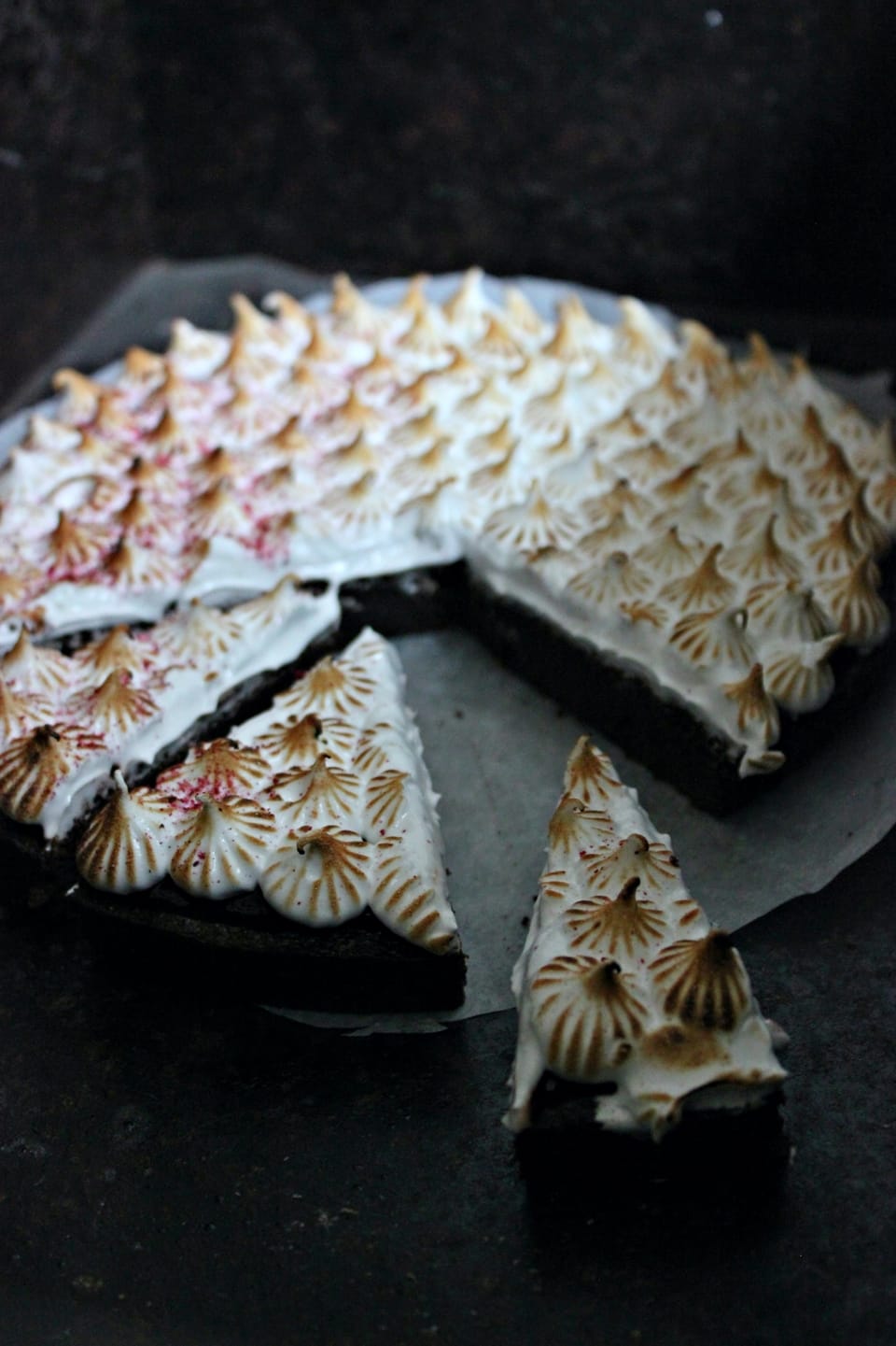 BROWNIE WITH BLACKCURRANT GANACHE AND BURNT MERINGUES