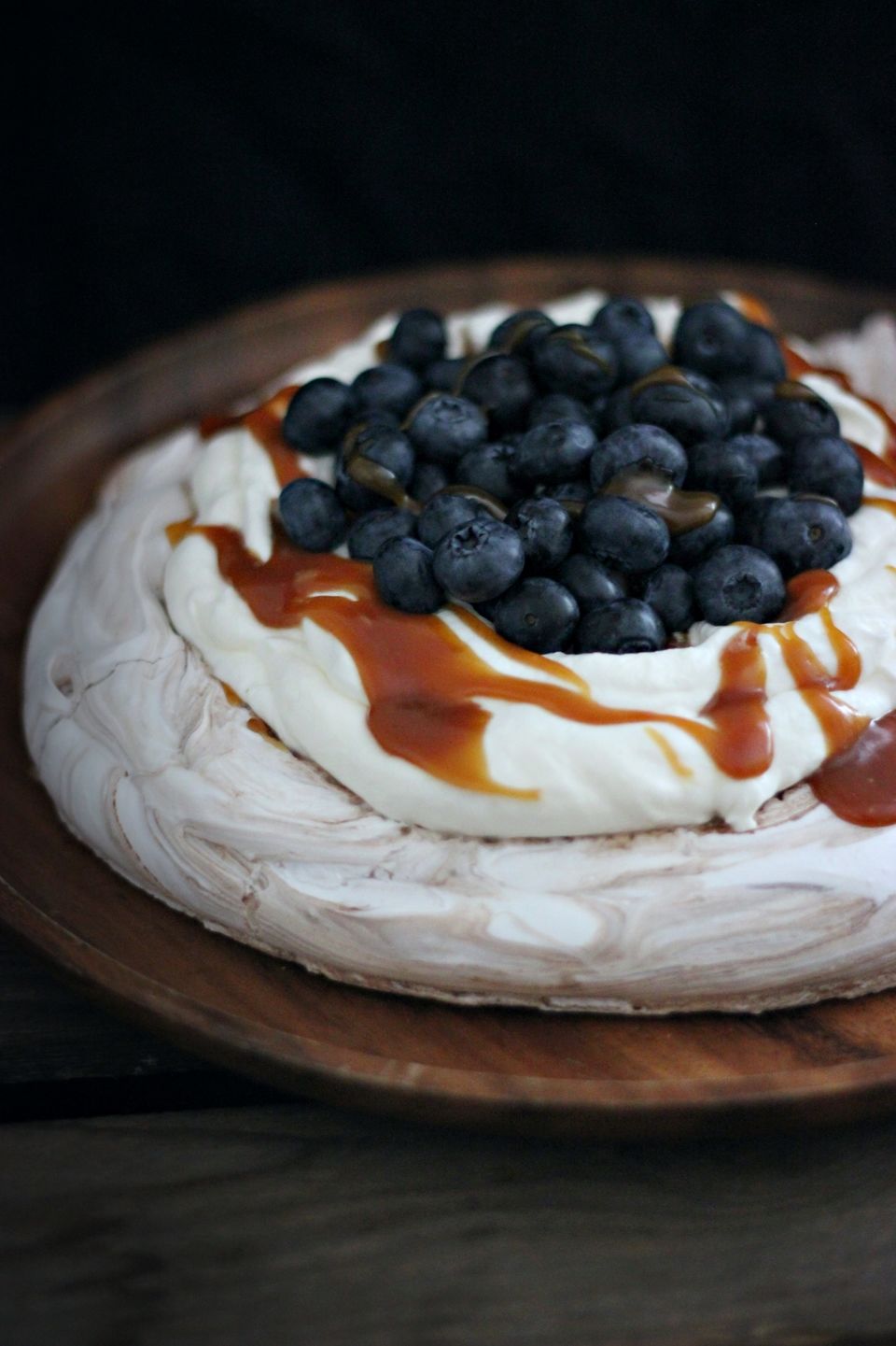 CHOCOLATE SALTED CARAMEL PAVLOVA WITH BLUEBERRIES