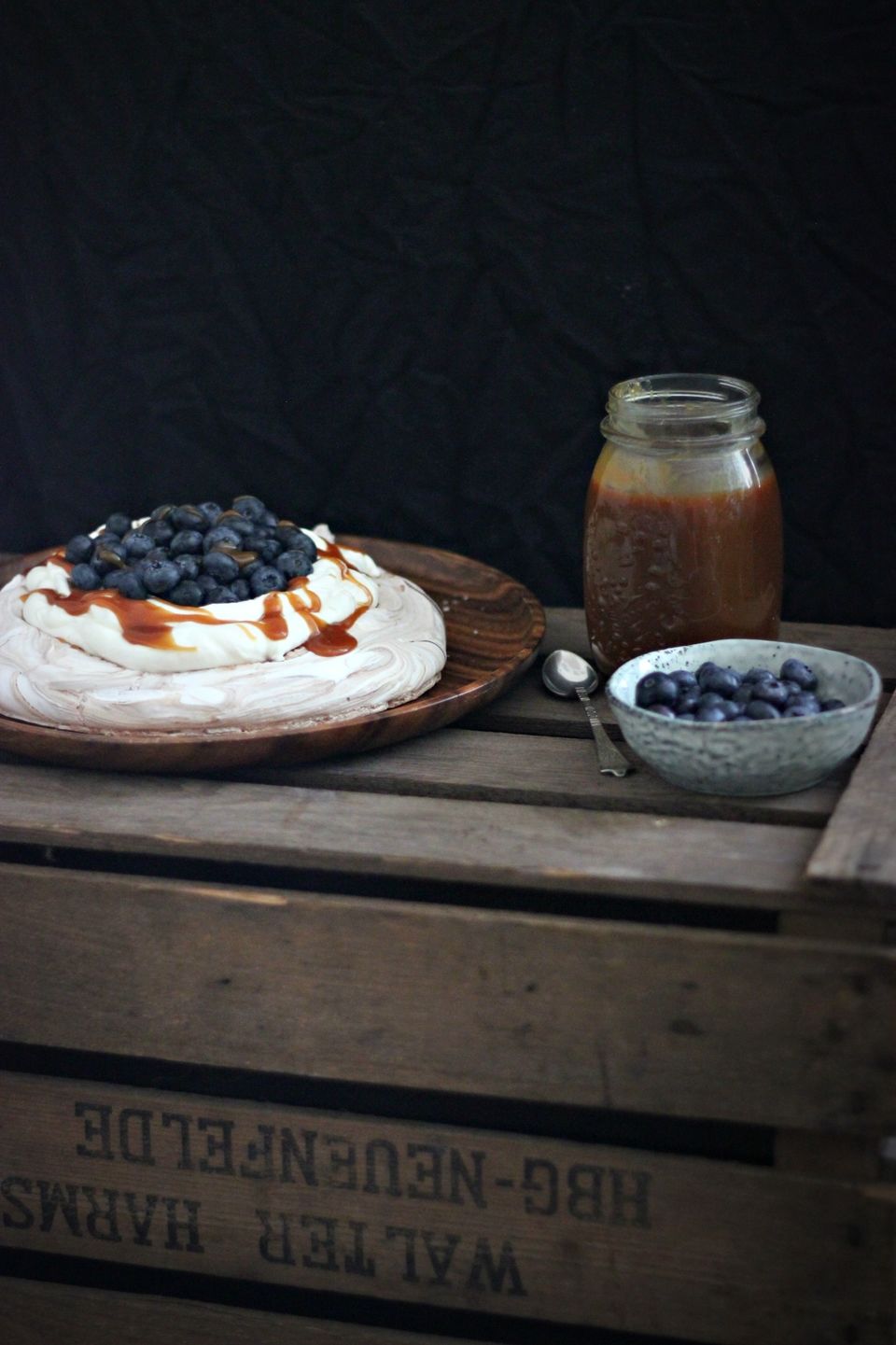 CHOCOLATE SALTED CARAMEL PAVLOVA WITH BLUEBERRIES