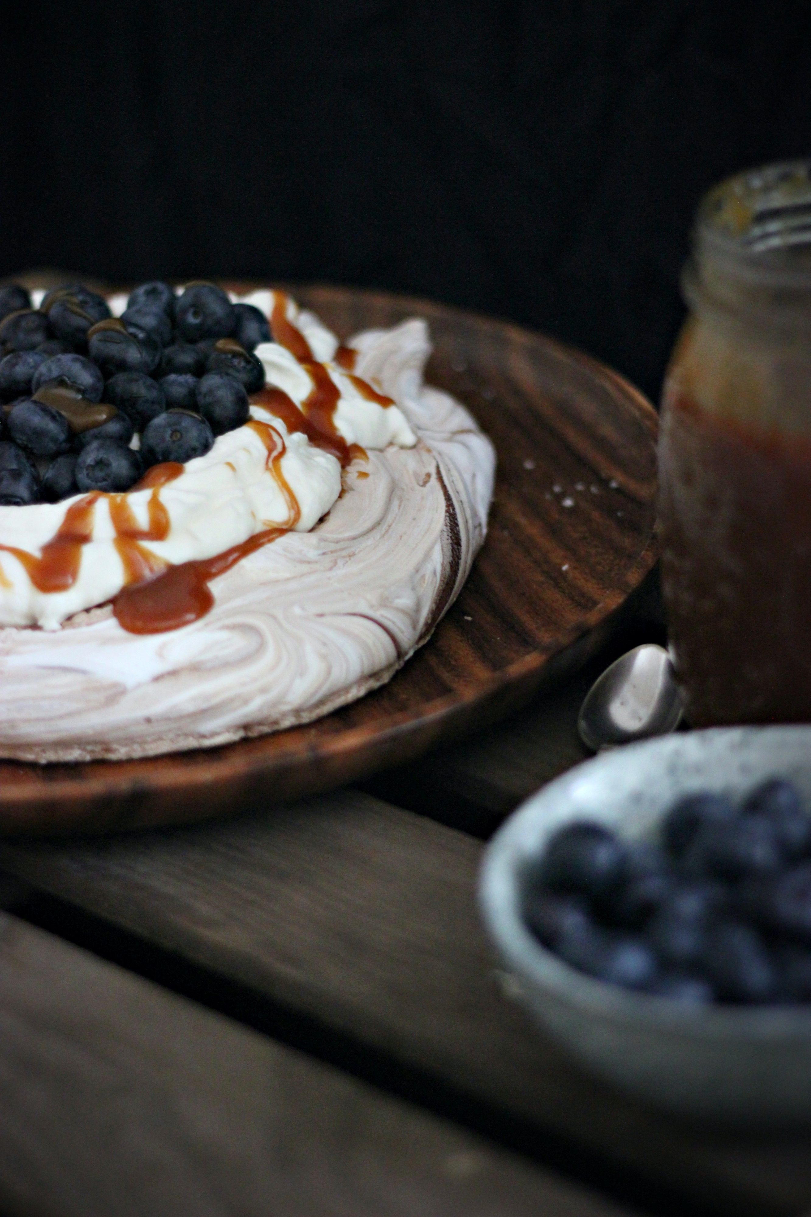 CHOCOLATE SALTED CARAMEL PAVLOVA WITH BLUEBERRIES